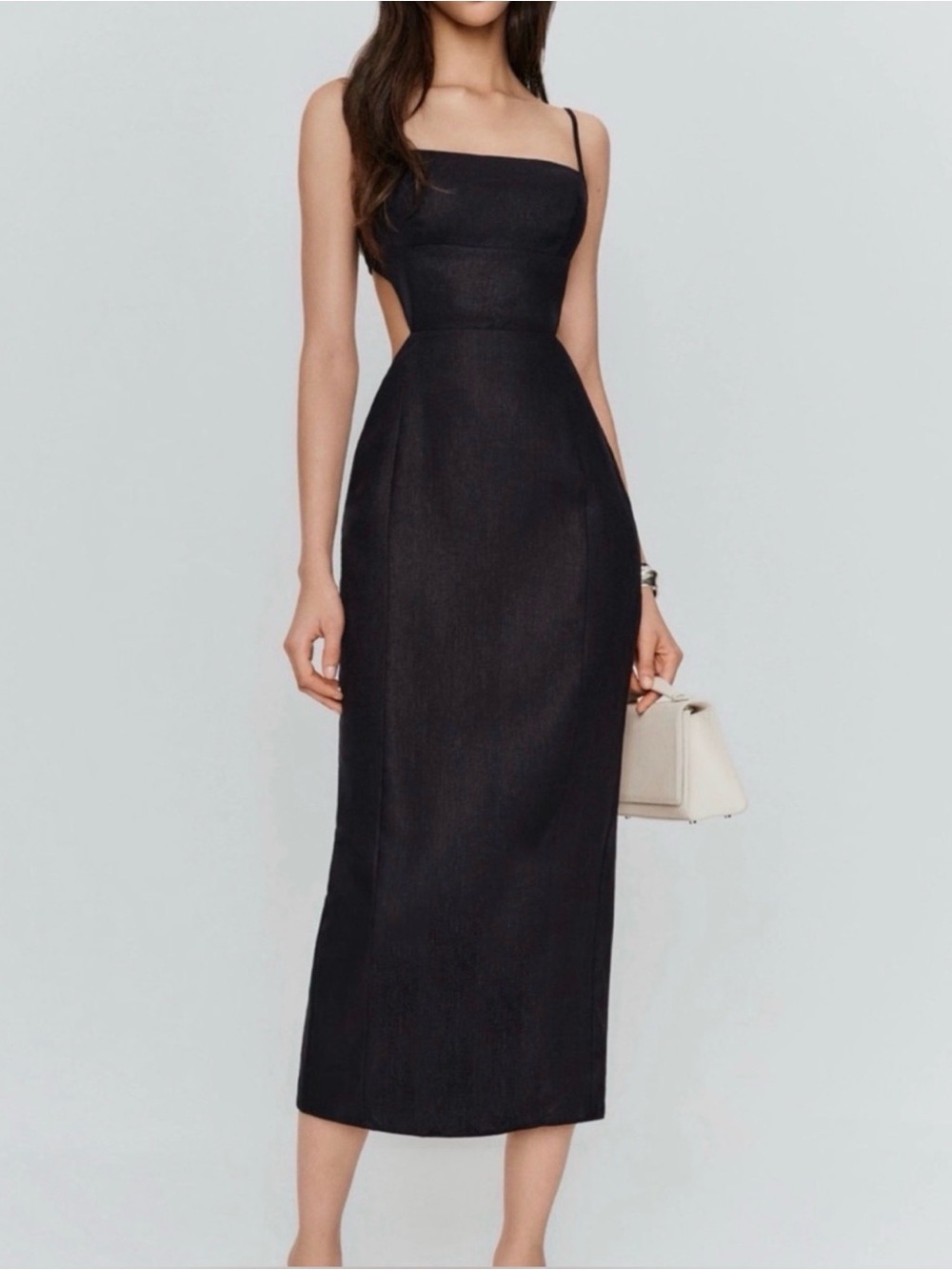 NEW Reformation Asher Black Linen Open Back Midi Dress, Size 10
